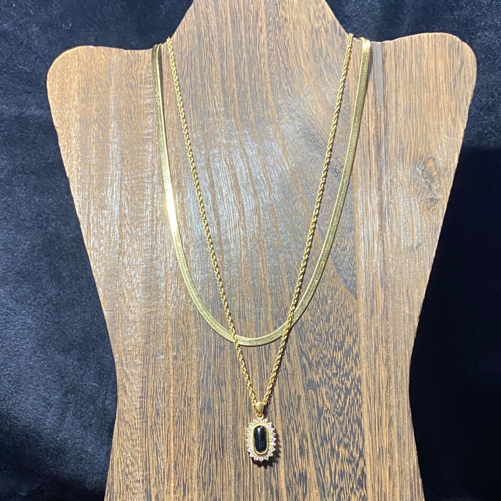 Elegant Two Piece Set Gold Tone and Black Pendant Necklace